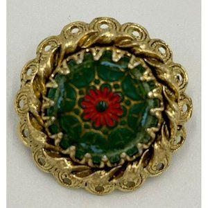 Vintage Gold Tone Pin Brooch With Enameled Center Round Teal Green Ruby Japan